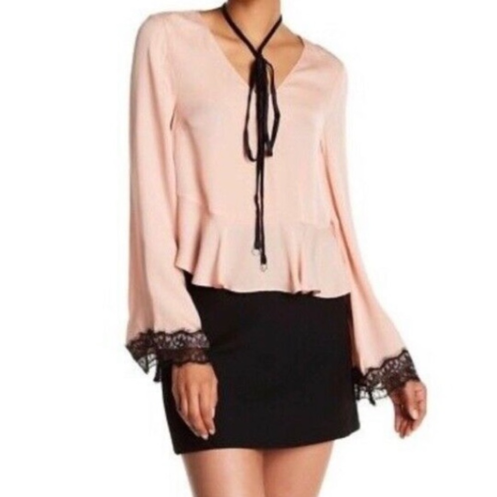 Cinq a Sept V Neck Long Sleeve Silk Lace Trim Top